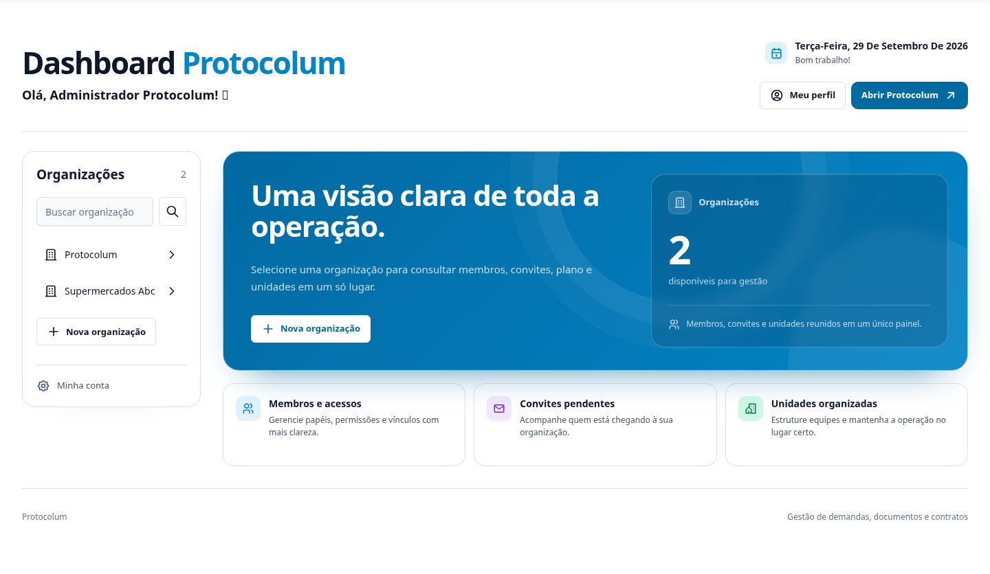 Dashboard real do Protocolum com organizações, membros e unidades